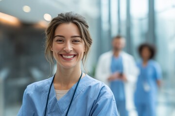 young nurse in scrubs smiling into the camera in a modern hospital setting, clean and bright surroundings, friendly and professional, diverse team in the background