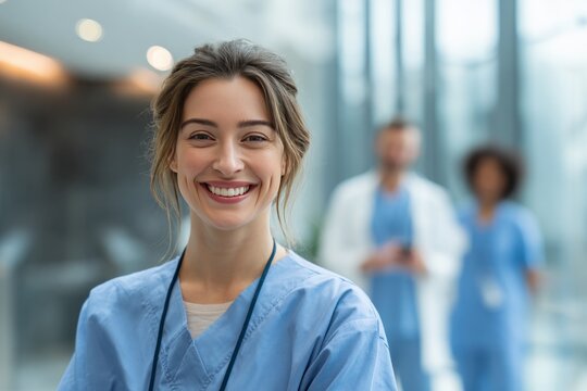 young nurse in scrubs smiling into the camera in a modern hospital setting, clean and bright surroundings, friendly and professional, diverse team in the background