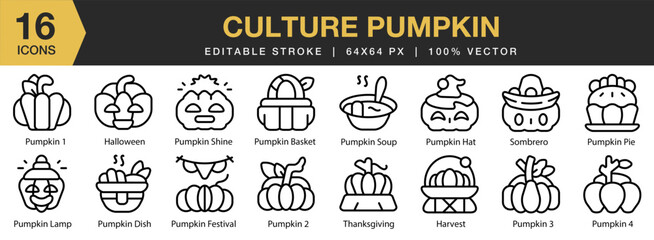 Culture Pumpkin icon set. Editable Stroke Icon Collection. Includes holiday, pumpkin, culture, autumn, fall, and More. Outline icons vector collection.