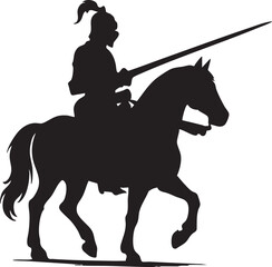 Vector Black Silhouette of Armored Horseman Holding Lance in Historic Medieval Style

