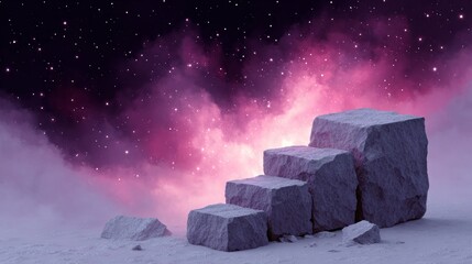 Gray stone cubes ascend against a starry night sky filled with pink cosmic clouds and mist