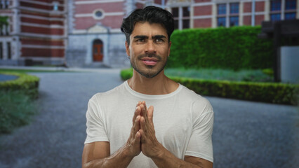 Young hispanic man in white shirt counts fingers while smiling and pointing to hand on street;...