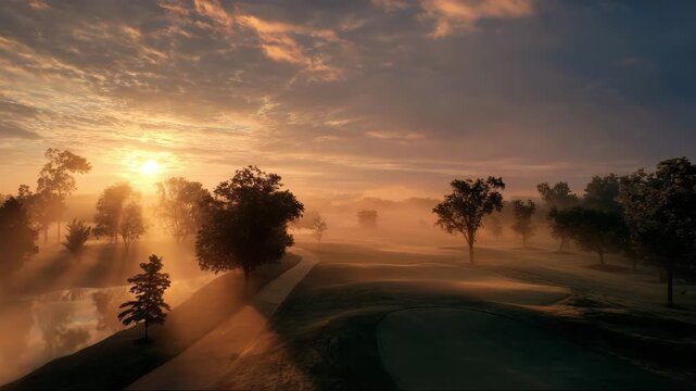 Sunrise over misty golf course with trees and scenic landscape  