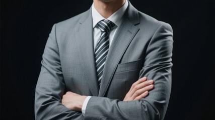Man in a gray suit with arms crossed against a dark background