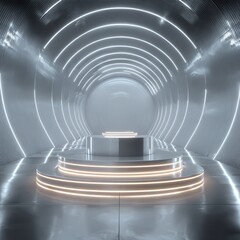 Fototapeta premium Sleek silver podium in a futuristic tunnel with neon light accents.