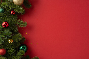 Green pine branches with colorful baubles on a red backdrop representing Christmas festivity