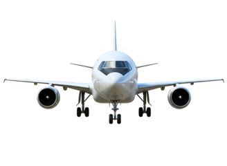 Front view of a modern commercial airplane isolated on transparent background