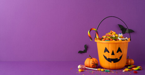 Fototapeta na wymiar Orange jack-o-lantern bucket filled with assorted Halloween candy with a side view table purple backdrop