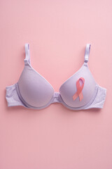Breast cancer awareness symbolized with a pink ribbon adorning a supportive bra on a vertical...