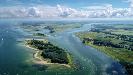 Aerial view of a river delta with islands