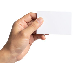 Fototapeta premium A hand holding a blank white card against a black background.