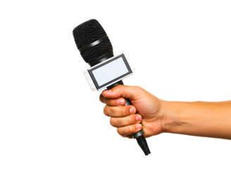 Hand holding a news microphone isolated on transparent background