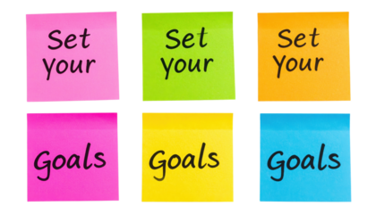 Six colorful sticky notes with the phrases "Set your" and "Goals" written on them, arranged in two rows.