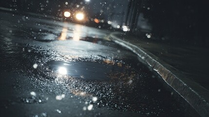 A dark, rainy night street scene, with a puddle reflecting lights. Snow flurries fall on the wet pavement