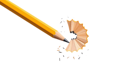 A sharpened wooden pencil with a curled shaving spiraling around its tip, showcasing texture and detail against a dark surface.