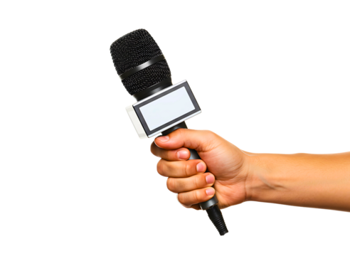 Hand holding a news microphone isolated on transparent background