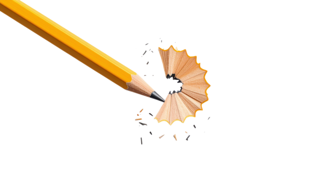 A sharpened wooden pencil with a curled shaving spiraling around its tip, showcasing texture and detail against a dark surface.