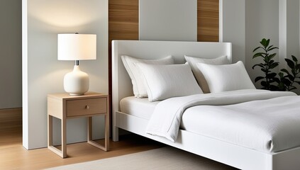 "A luxurious bedroom interior featuring a large bed with elegant bedding, plush pillows, and a stylish upholstered headboard.	