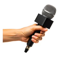 Hand holding a news microphone isolated on transparent background