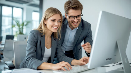 Working together on project. Two young business colleagues working on computer. smiling young businesswoman with blonde hair typing on a computer keyboard in a bright, modern office setting.