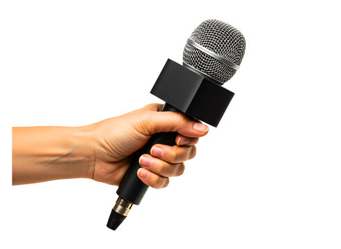 Hand holding a news microphone isolated on transparent background