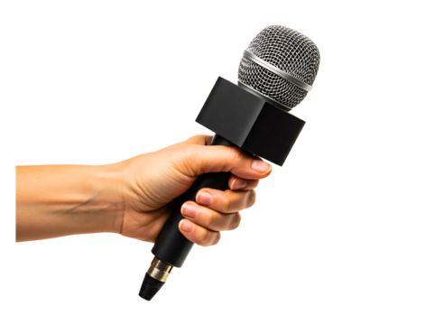 Hand holding a news microphone isolated on transparent background