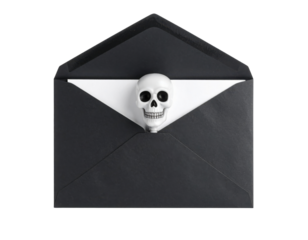 A black envelope with a white card inside, featuring a small skull decoration peeking out from the top.
