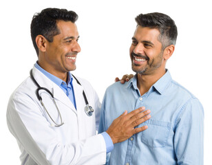 A smiling male doctor in a white coat with a stethoscope gently examines a happy male patient wearing a light blue shirt.