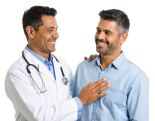 A smiling male doctor in a white coat with a stethoscope gently examines a happy male patient wearing a light blue shirt.