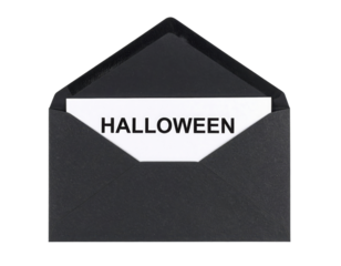 A black envelope partially opened reveals a white card with the word "HALLOWEEN" printed in bold black letters.