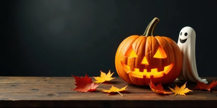 Illuminated Jack-o'-lantern with a friendly ghost and autumn leaves on a rustic wooden surface
