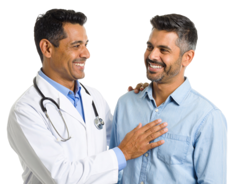 A smiling male doctor in a white coat with a stethoscope gently examines a happy male patient wearing a light blue shirt. - Powered by Adobe