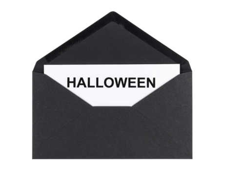 A black envelope partially opened reveals a white card with the word "HALLOWEEN" printed in bold black letters.