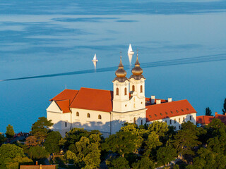 Europe Hungary Tihany town. Famous churh what name is Tihany Benedictine Abbey in this photo with...