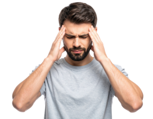 A young man with a beard wearing a gray t-shirt is touching his temples and appears to be experiencing a headache or deep concentration.