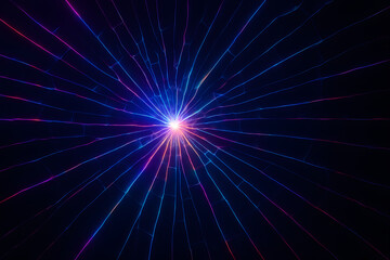 Glowing radial energy burst in dark space background, vibrant electric laser beam explosion with neon blue and purple rays, dynamic abstract light lines, sci-fi hyperspace star concept, motion effect