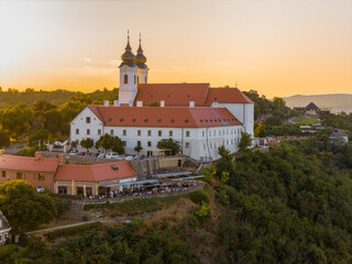 Europe Hungary Tihany town. Famous churh what name is Tihany Benedictine Abbey in this photo with amazing sunset. Hungarian name is Tihanyi Benc&eacute;s ap&aacute;ts&aacute;g
