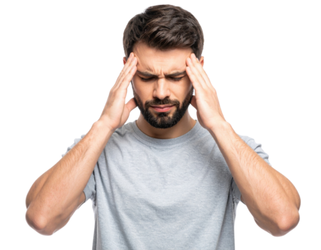 A young man with a beard wearing a gray t-shirt is touching his temples and appears to be experiencing a headache or deep concentration.