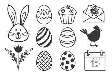 Easter themed vector illustration with bunny eggs bird cupcake flower calendar and envelope festive seasonal design elements