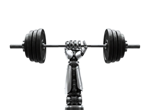 Robotic arm lifting a heavy barbell isolated on transparent background