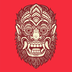 Traditional Balinese Mask Vector Illustration On Black,Traditional Balinese Mask Graphic T-shirt