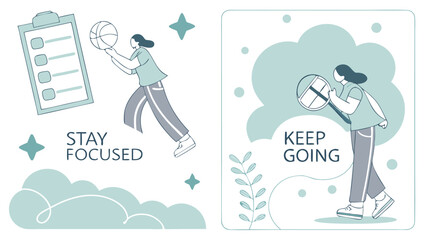 Inspirational illustrations depicting a person staying focused on goals and continuing forward with determination and a positive mindset