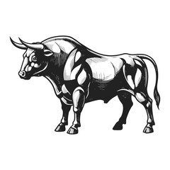 Obraz premium Dynamic Linocut Artwork of a Bull in Powerful Pose - High Contrast Black and White Vector Illustration