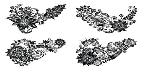 Ornamental Floral Corner Design Elements in Black and White