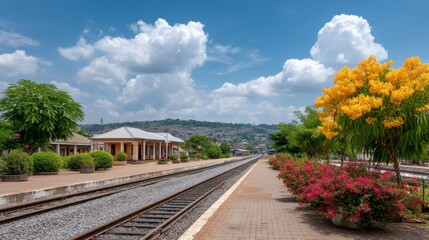 Obraz premium Quiet train station surrounded by lush greenery and vibrant flowers under a bright blue sky.