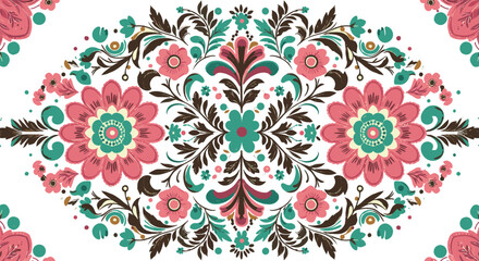 Cad drawing flat vector illustration, intricate floral pattern, vibrant decorative motif, elegant botanical symmetry, colorful flower design, textile art