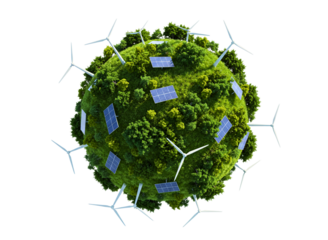 Green earth with solar panels and wind turbines isolated on transparent background