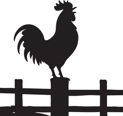 Vector Silhouette of Crowing Rooster on Fence Post with Rustic Farm Style and High-Contrast Graphic Design