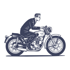 Obraz premium Vintage-style illustration of a man riding a classic motorcycle in profile view, wearing a jumpsuit and gloves.