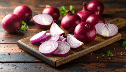 Rustic presentation of vibrant red onions on a wooden cutting board surface